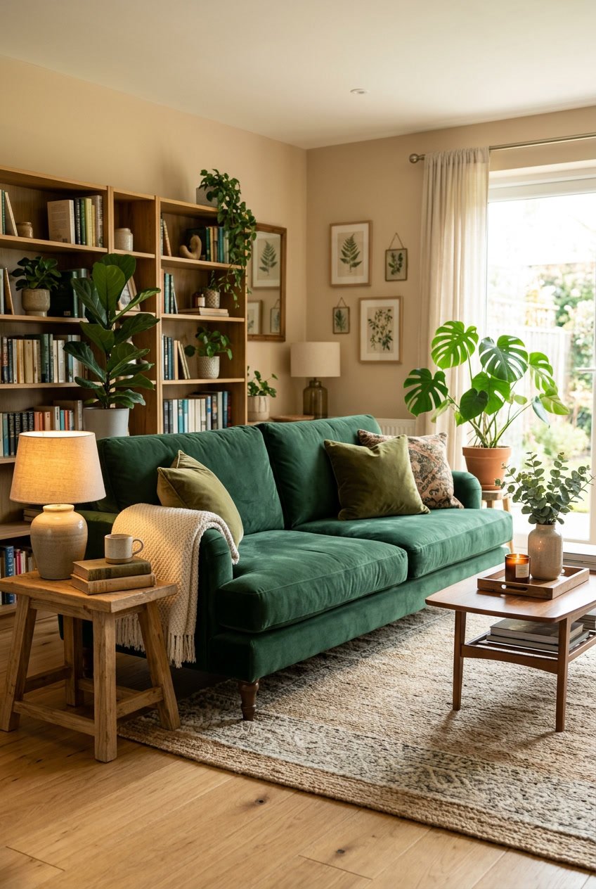 Ein gemütliches Wohnzimmer mit einem grünen Samtsofa, umgeben von Pflanzen und warmem Licht.