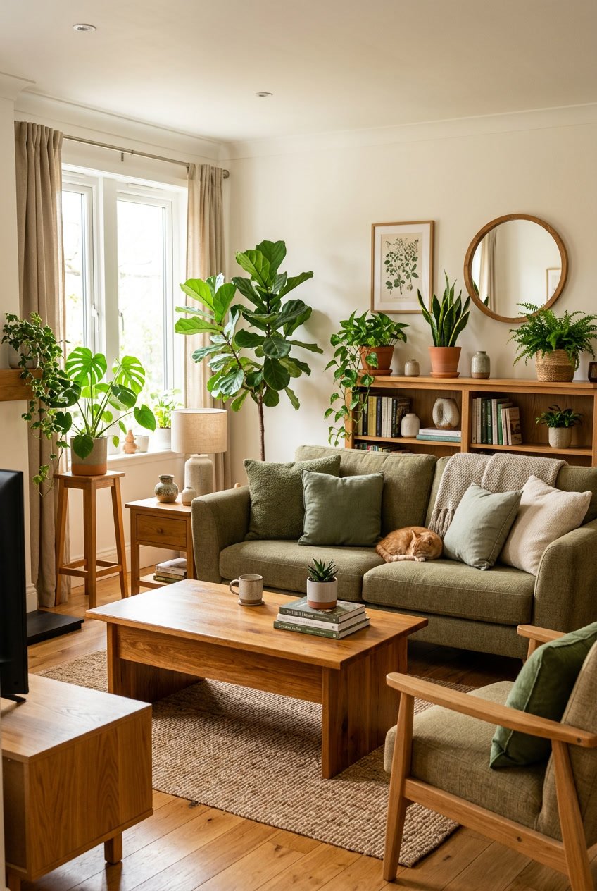 Gemütliches Wohnzimmer mit Eichenholzmöbeln und vielen grünen Pflanzen.