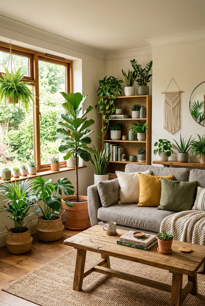 Gemütliches Wohnzimmer mit verschiedenen grünen Pflanzen in unterschiedlichen Größen, Sofa und natürlichem Licht.