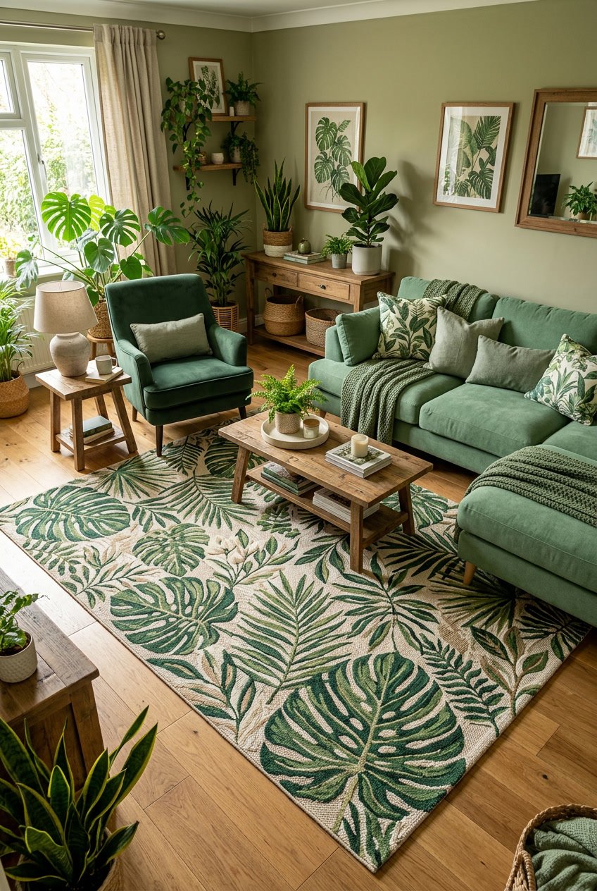 Gemütliches Wohnzimmer mit Teppich, der Blatt- und Dschungelmotive zeigt, umgeben von grünen Pflanzen und Möbeln.