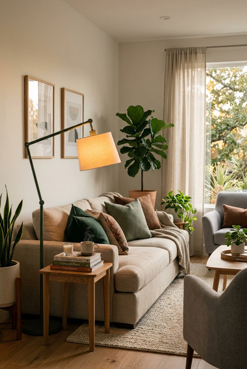Gemütliche Wohnzimmer-Ecke mit grüner Stehlampe, Sofa, Pflanzen und warmem Licht.
