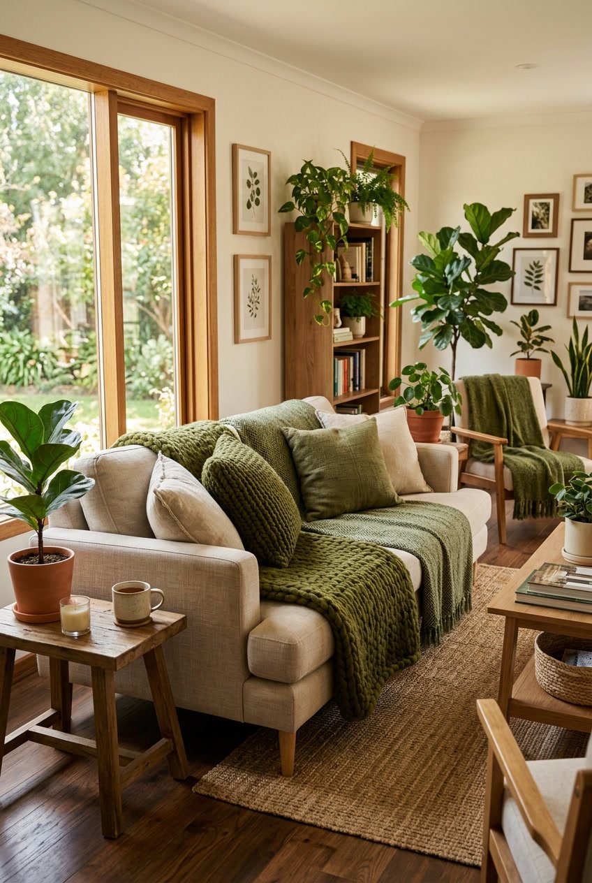 Gemütliches Wohnzimmer mit Decken in Olive- und Moosgrün auf einem Sofa und grünen Pflanzen im Hintergrund.