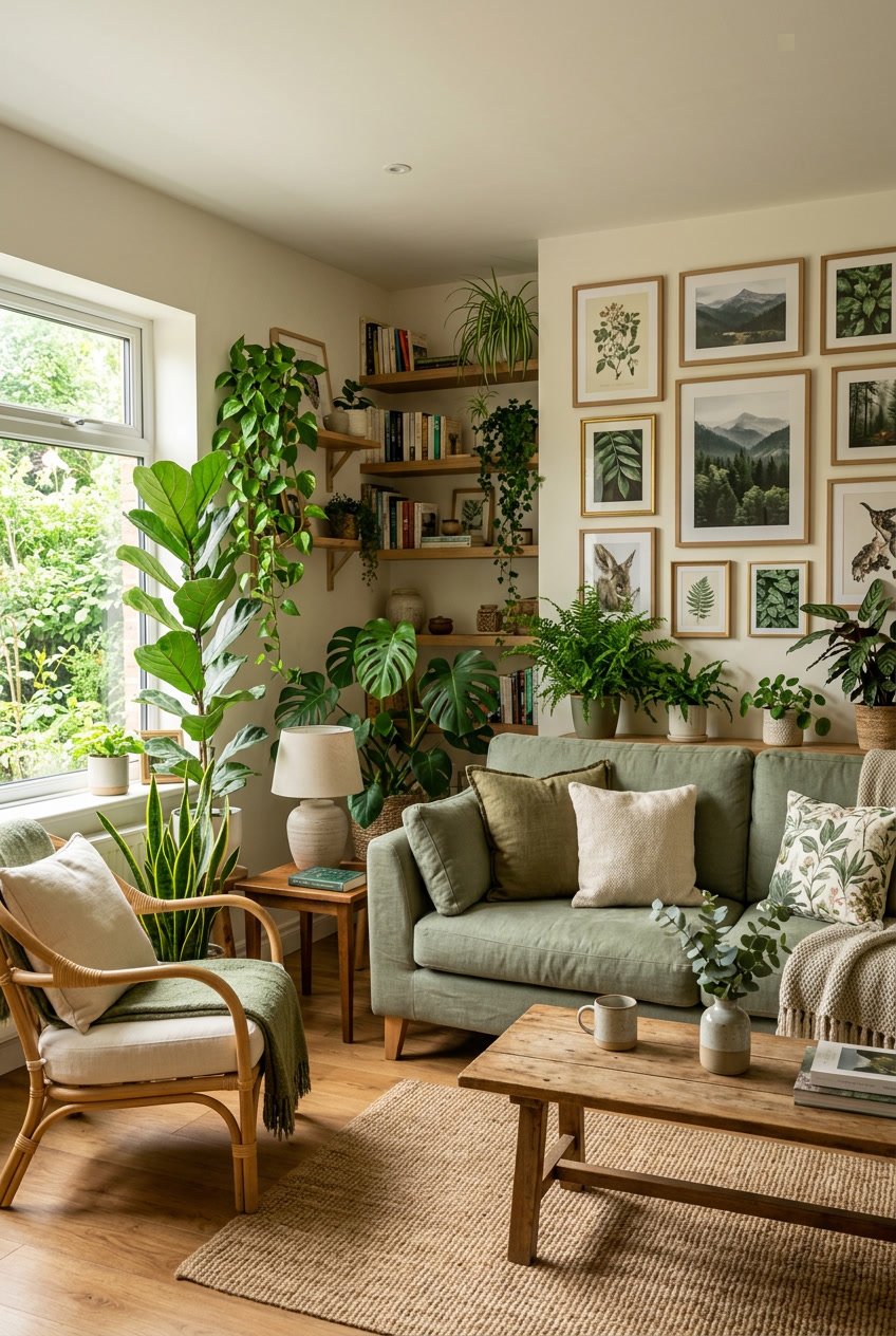 Gemütliches Wohnzimmer mit vielen grünen Pflanzen, Naturbildern an der Wand und Möbeln in Grüntönen.