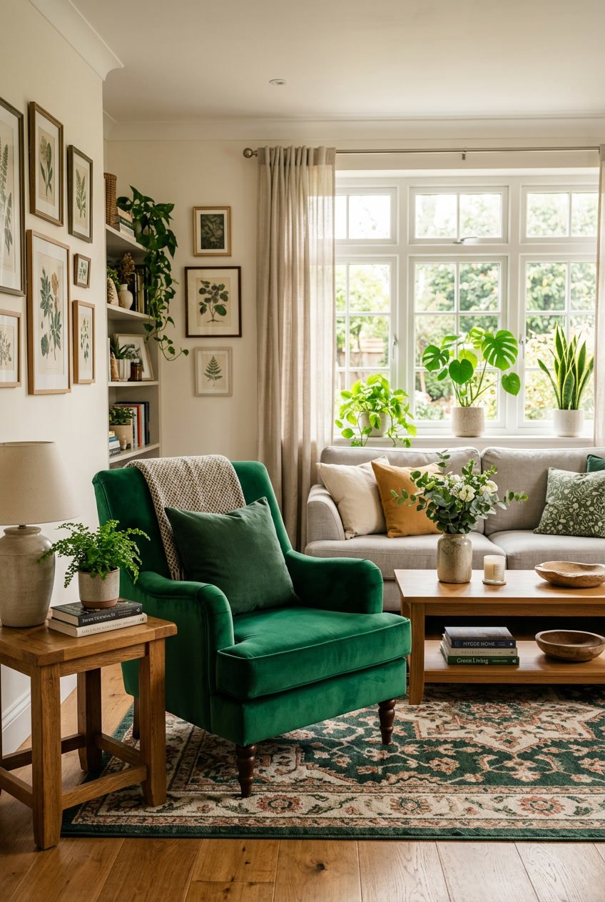 Ein gemütliches Wohnzimmer mit einem grünen Sessel im Mittelpunkt, umgeben von Pflanzen und Dekorationen.