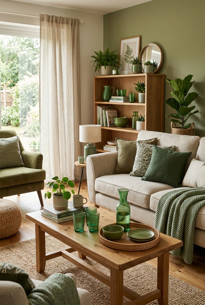 Gemütliches Wohnzimmer mit grün getöntem Glasgeschirr auf einem Tisch, umgeben von Möbeln und Dekorationen in Grüntönen.