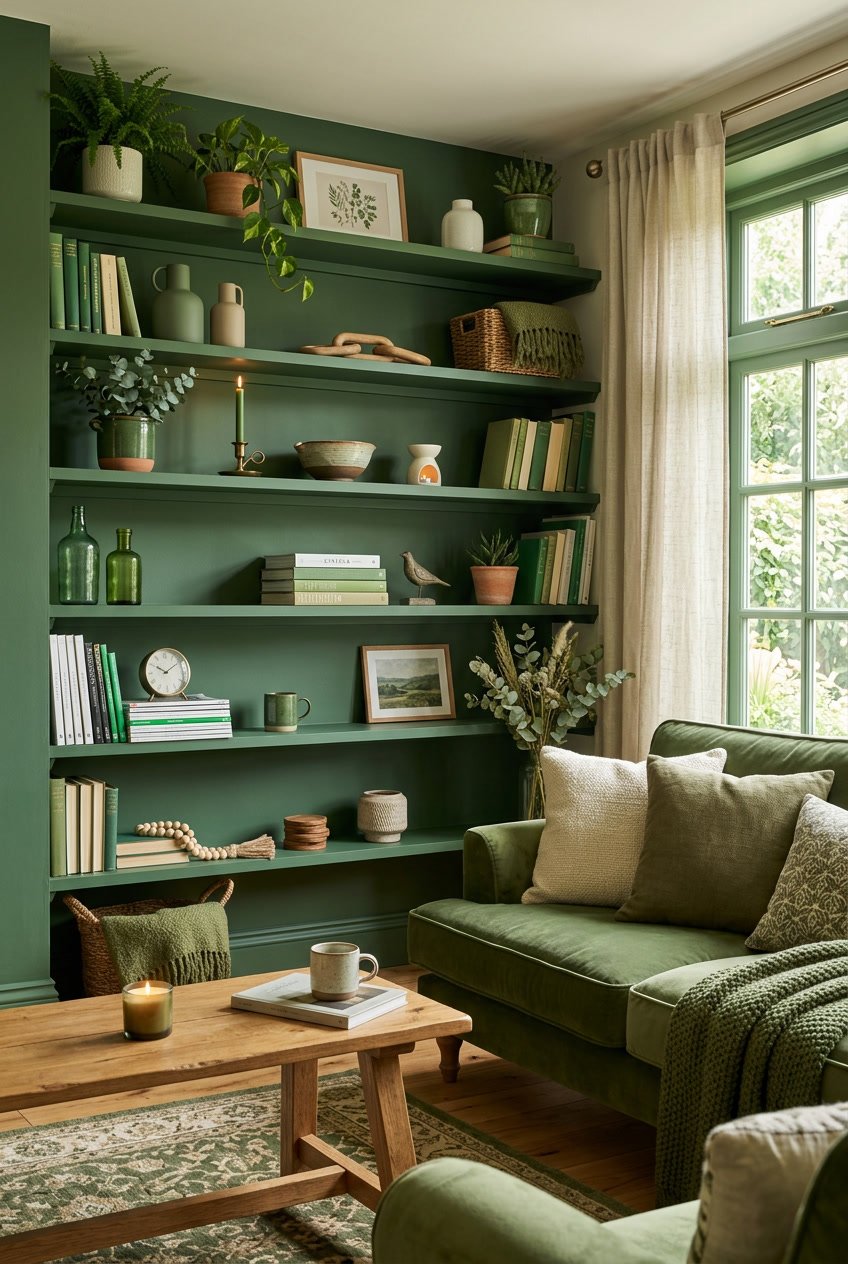 Gemütliches Wohnzimmer mit grün lackierten Wandregalen aus Holz, dekoriert mit Pflanzen und Büchern.