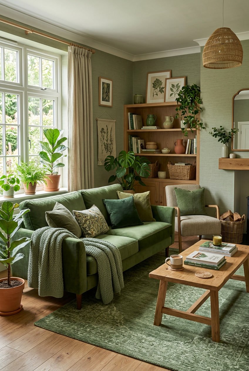 Gemütliches Wohnzimmer mit grüner Einrichtung, Pflanzen, Holzmöbeln und weichen Textilien.