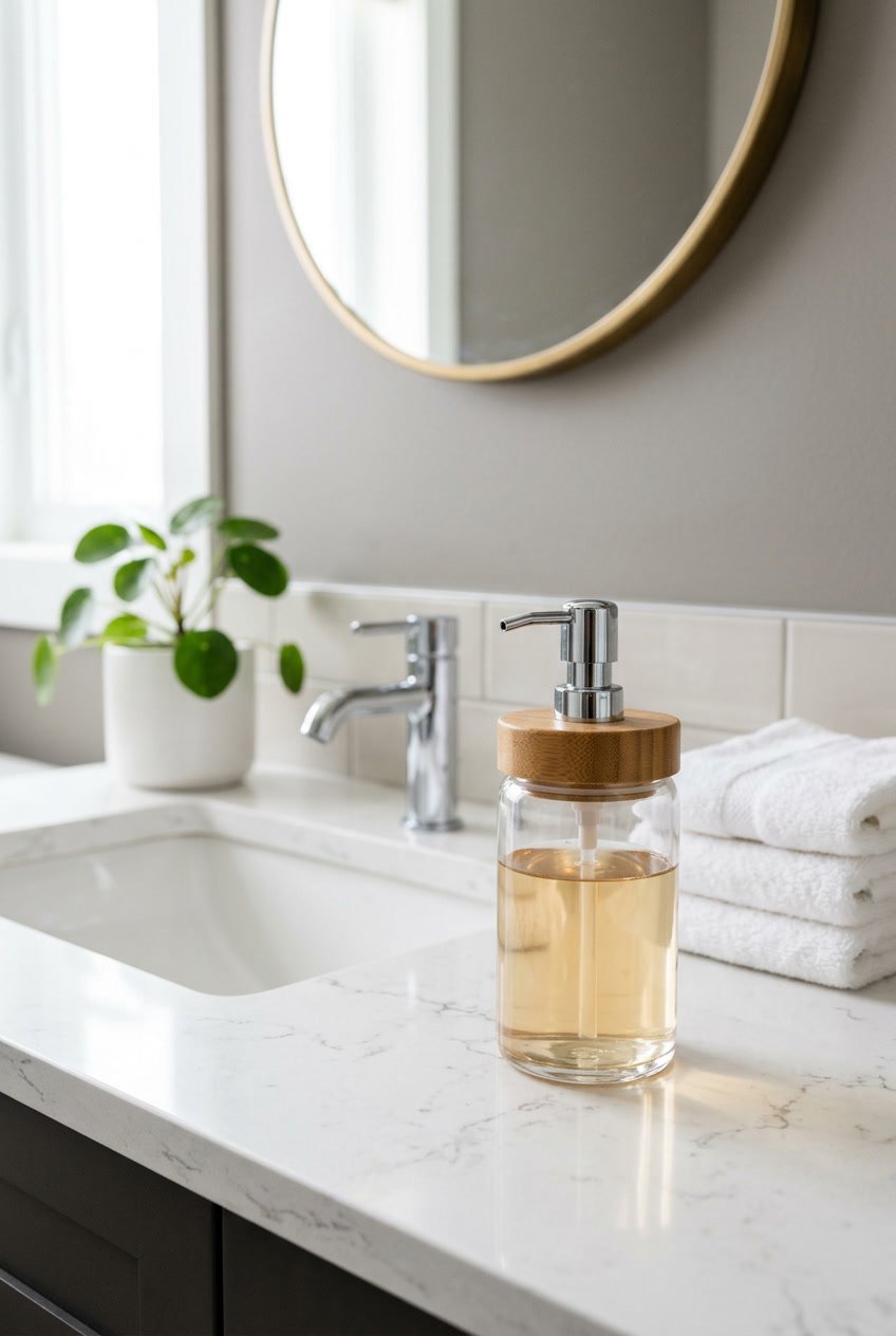 Ein Glas-Seifenspender mit Bambusdeckel steht auf einer Badezimmerarbeitsplatte neben einem Waschbecken und einem kleinen grünen Pflanzentopf.