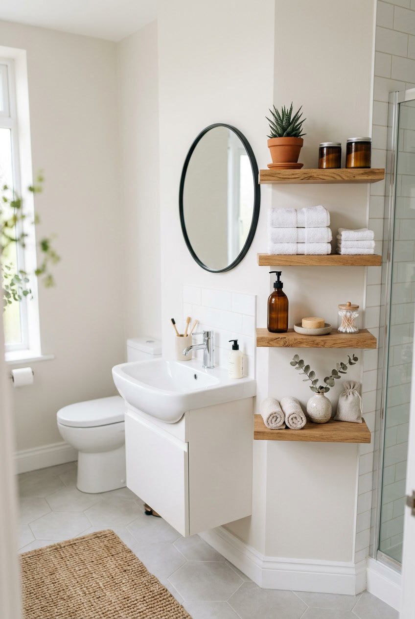 Kleines Gäste-WC mit schlichten Holzregalen, die Handtücher und Badezimmeraccessoires halten.