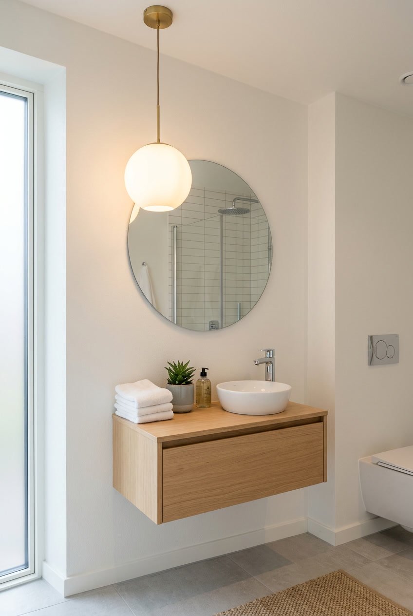 Ein modernes Gäste-WC mit einer runden Hängelampe, die warmes Licht über einem Waschbecken spendet.