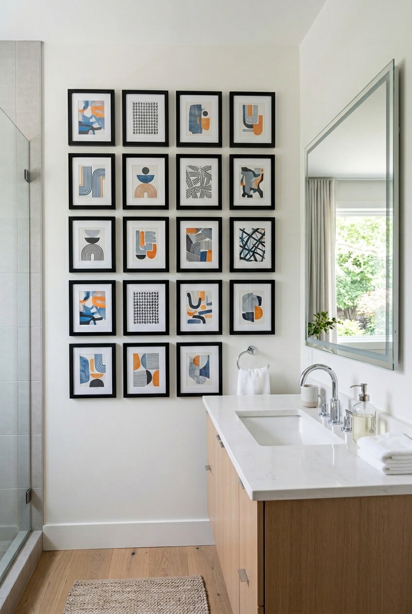 Ein modernes Gäste-WC mit fünfzehn kleinen Kunstbildern in schwarzen Rahmen an der Wand über dem Waschbecken.