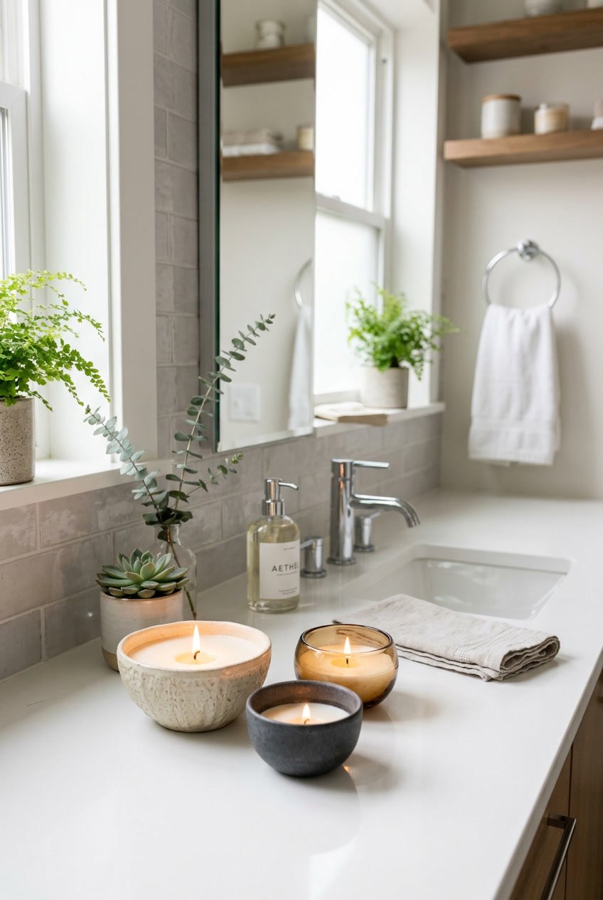 Moderner Gästebadezimmer mit dekorativen Schalen für Duftkerzen auf der Arbeitsplatte neben einem Waschbecken.