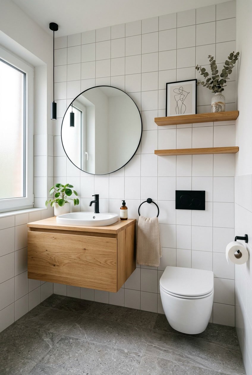 Kleines modernes Gäste-WC mit weißen Fliesen, Holzwaschtisch, schwarzer Armatur, grünem Pflanzenakzent und rundem Spiegel.