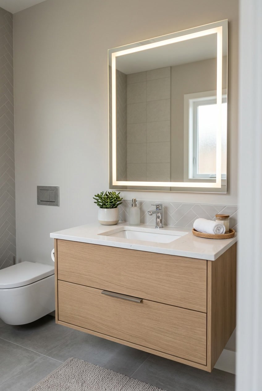 Gäste-WC mit Wandspiegel und integrierter LED-Beleuchtung über einem modernen Waschtisch.