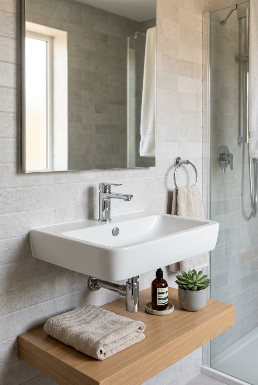 Kompakter weißer Keramik-Waschtisch in einem modernen Gäste-WC mit minimalistischen Armaturen und einem kleinen Pflanzenarrangement.