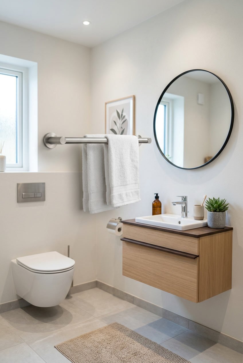 Ein Gäste-WC mit einem Handtuchhalter aus gebürstetem Edelstahl an der Wand und stilvollen Möbeln.