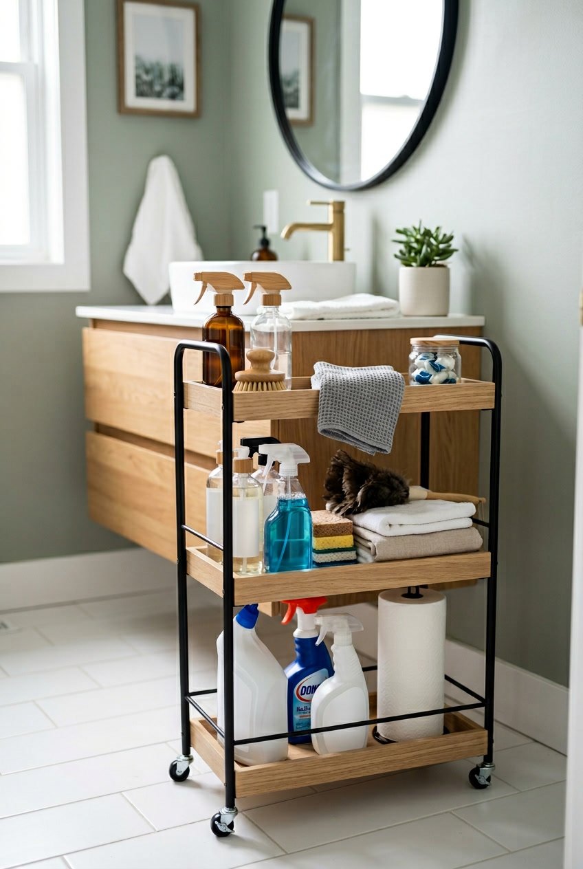 Kleiner Rollcontainer mit Putzmitteln in einem Gäste-WC neben einem Waschbecken und Spiegel.