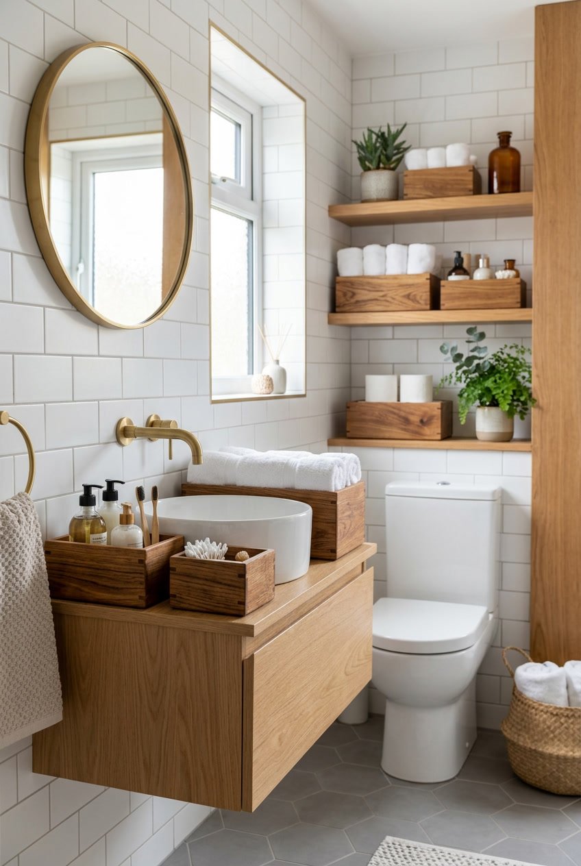 Kleines Gäste-WC mit Holzboxen als Stauraum auf Regalen und der Arbeitsplatte, dekoriert mit Handtüchern und Pflanzen.