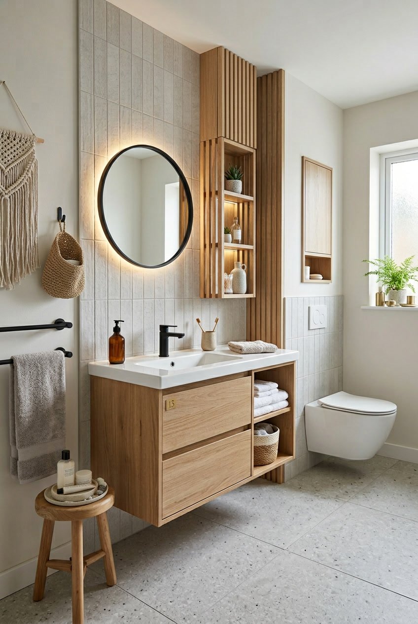 Ein modernes Gäste-WC mit Waschbecken, Spiegel, Schränken und Dekorationen.