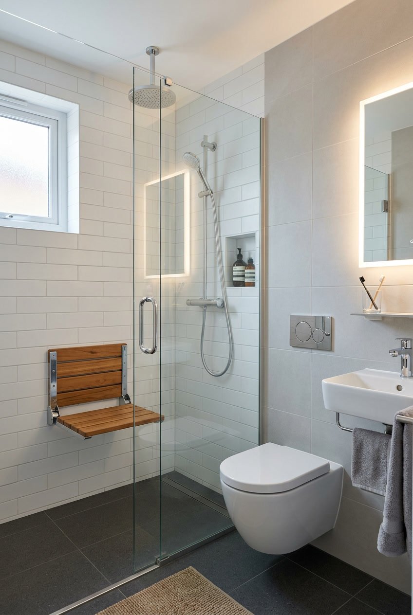 Kompaktes Gäste-WC mit Dusche und klappbarem Duschsitz an der Wand.