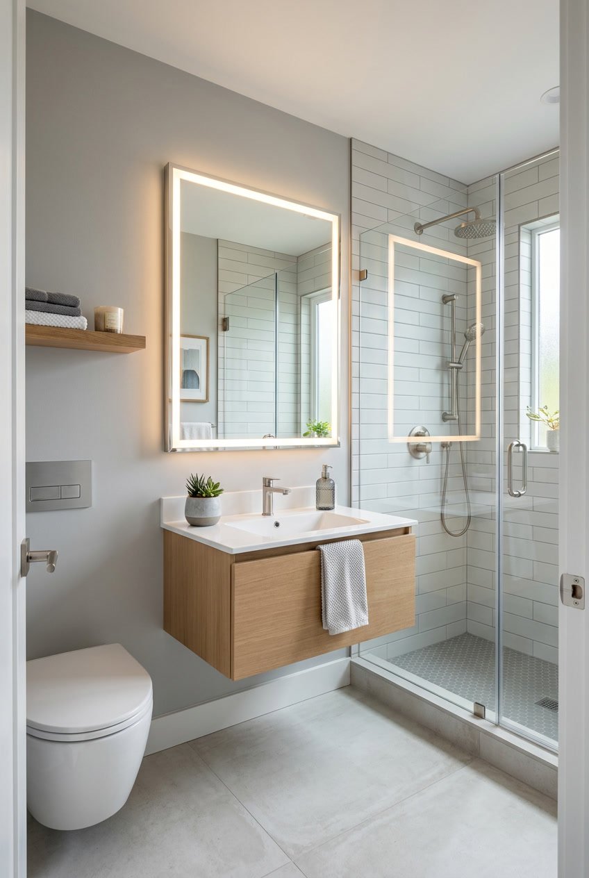 Gäste-WC mit Dusche und einem Wandspiegel mit integriertem LED-Licht.