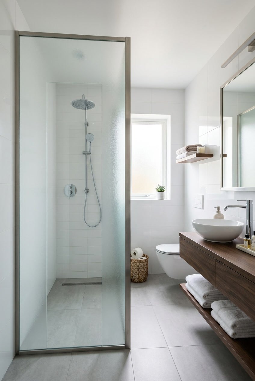 Modernes Gäste-WC mit mattierter Glasabtrennung und Dusche.