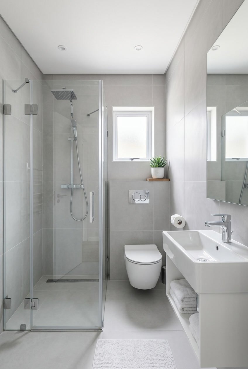 Ein modernes Gäste-WC mit Dusche in Weiß- und Hellgrautönen, mit Glasdusche, Waschbecken und Toilette.