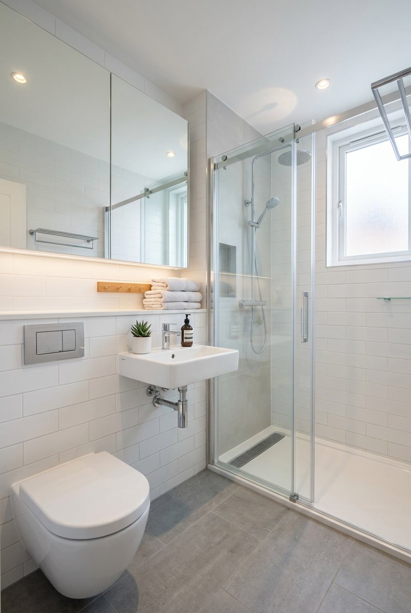 Kleines Gäste-WC mit schmaler Dusche, wandhängendem WC und kleinem Waschbecken in hellem, modernem Design.