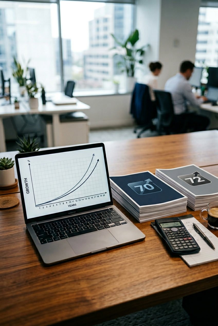 A workspace with a laptop showing financial charts, two stacks of documents representing numbers 70 and 72, a calculator, and a pen on a wooden desk.