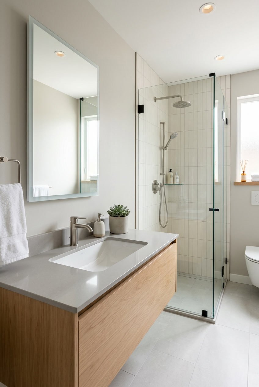 Ein modernes Gäste-WC mit einer tiefgezogenen Keramikspüle und einer Dusche in einem hellen, sauberen Raum.