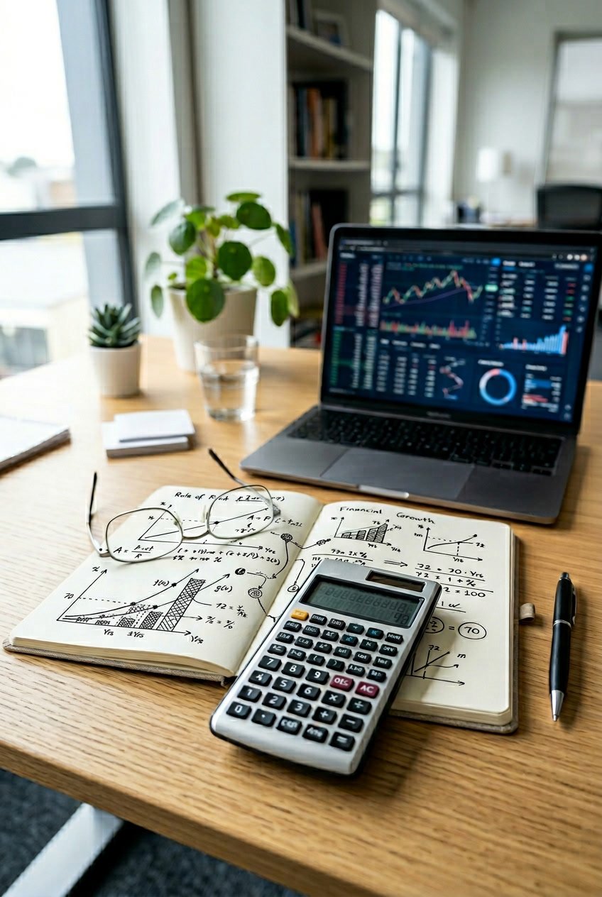 A workspace with a calculator, notebook showing financial charts, eyeglasses, and a laptop displaying financial data.