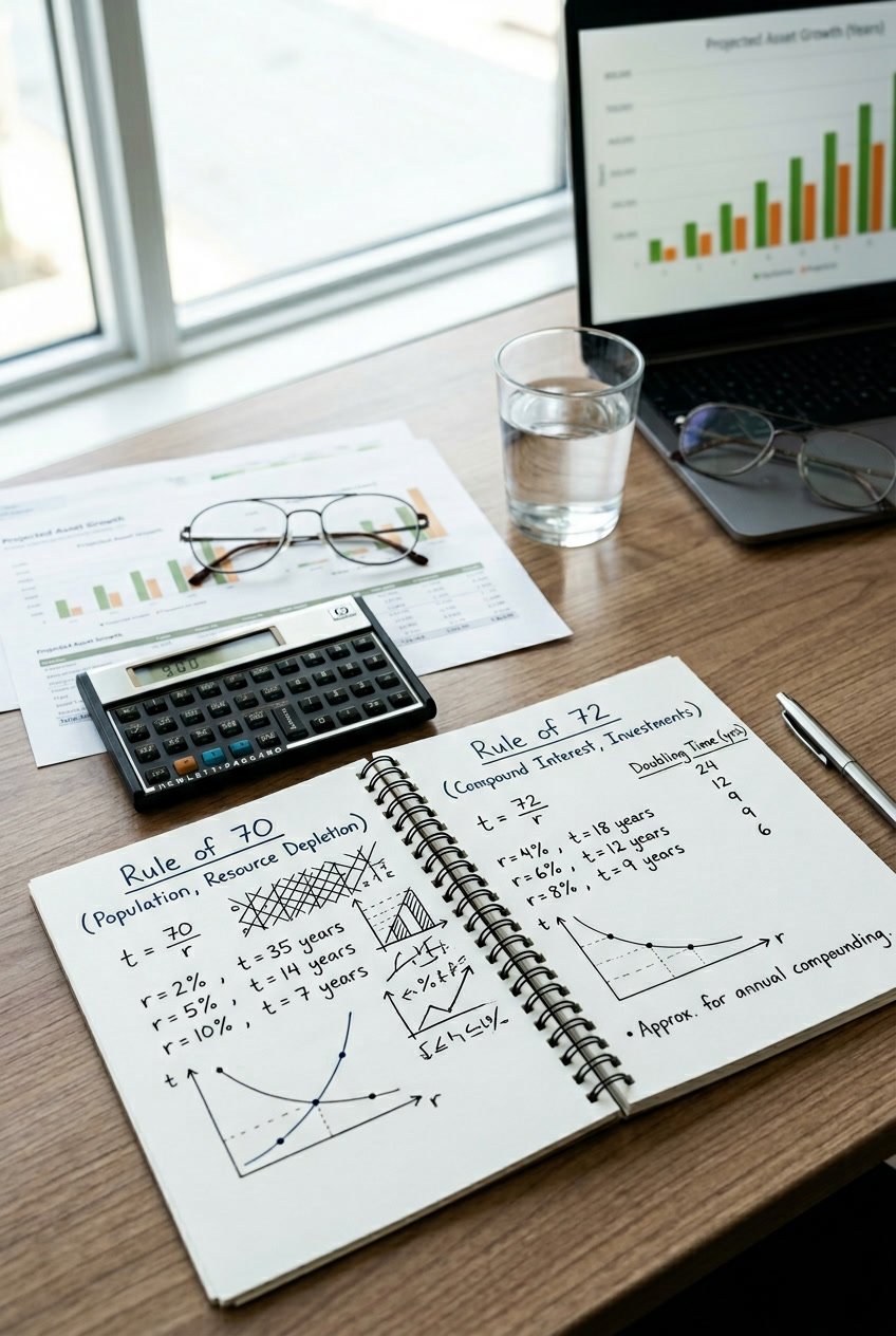 A desk with a calculator, eyeglasses, notebook with financial calculations, and a laptop showing a growth chart.