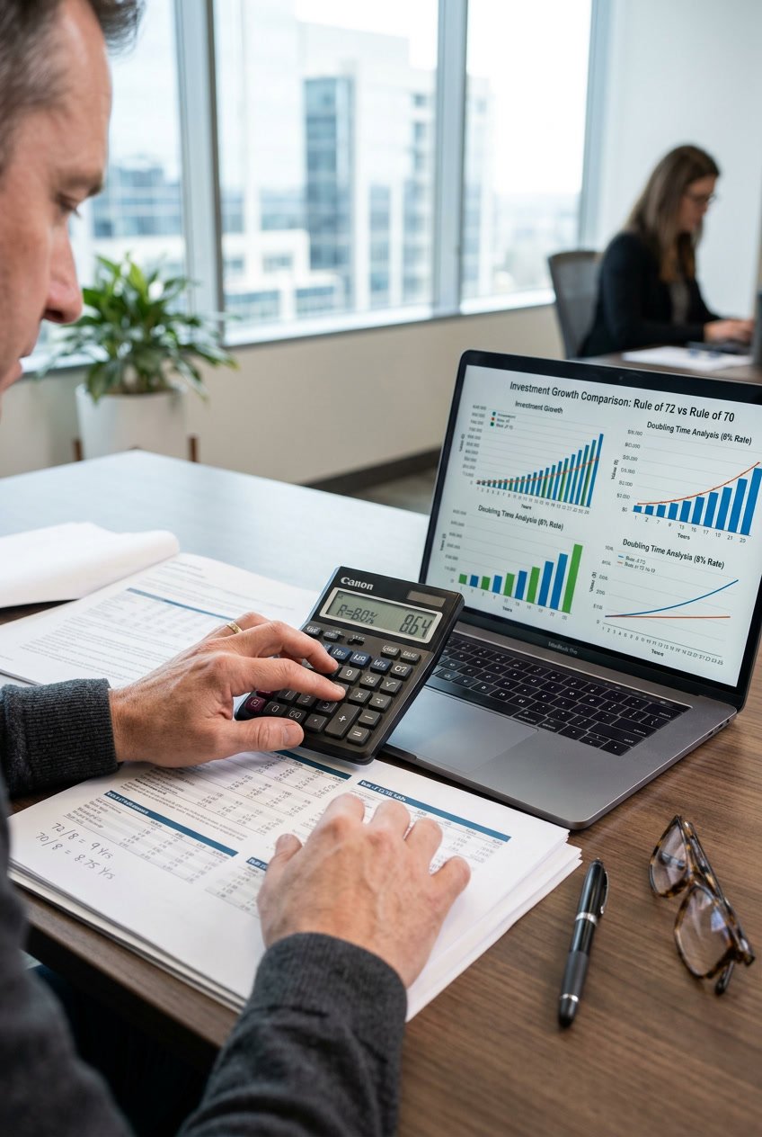 Close-up of hands using a calculator and laptop with financial charts on a desk with documents and a pen.