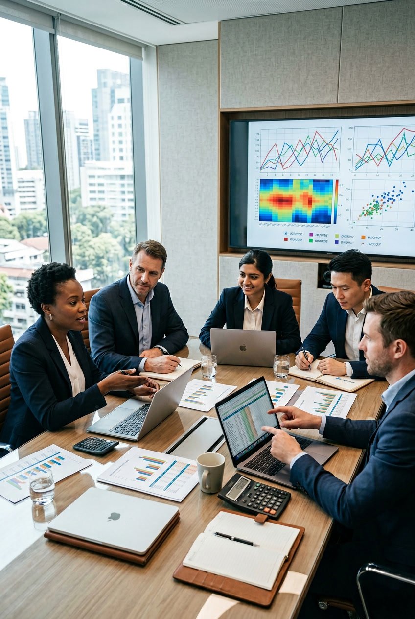 A group of business professionals discussing financial charts and data around a conference table in an office.