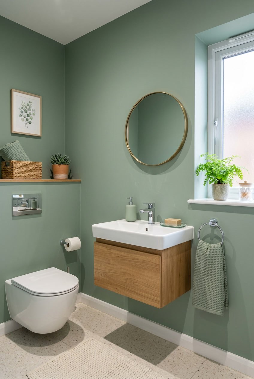 Ein modernes Gäste-WC mit salbeigrüner Wandfarbe, weißen Sanitäranlagen und grünen Akzenten wie Pflanzen und Handtüchern.
