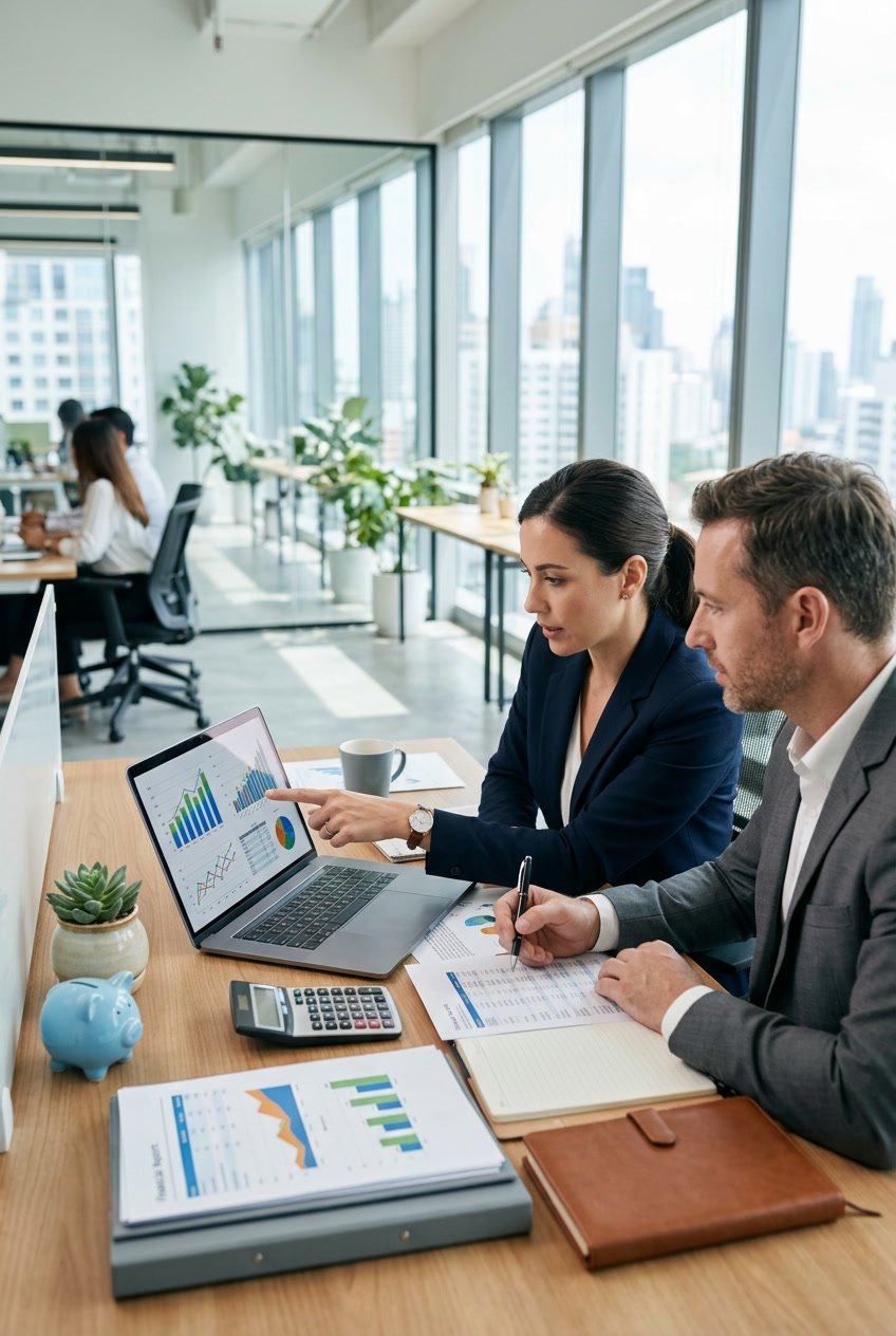 Two business professionals discussing financial charts and documents at a desk in a bright office.