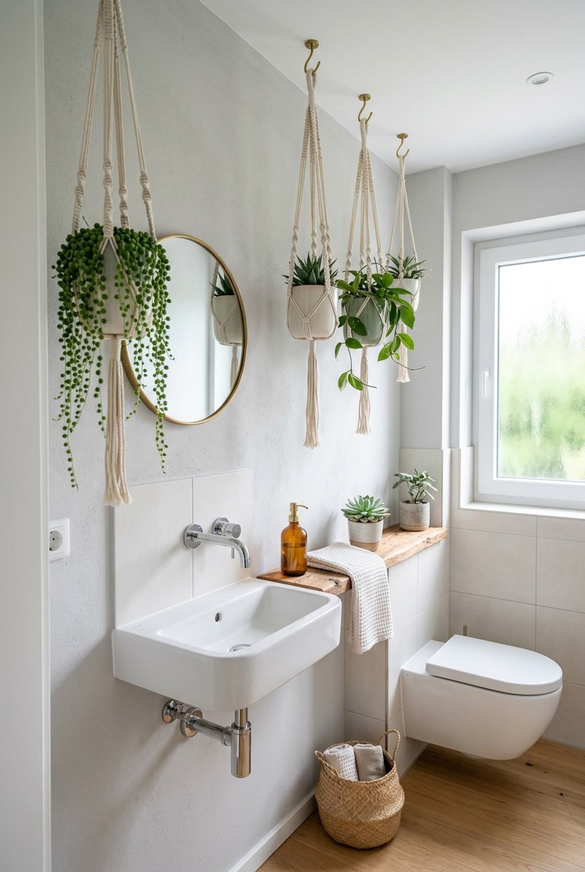 Kleines Gäste-WC mit hängenden Sukkulenten als natürliche Dekoration und einem Wandwaschbecken.