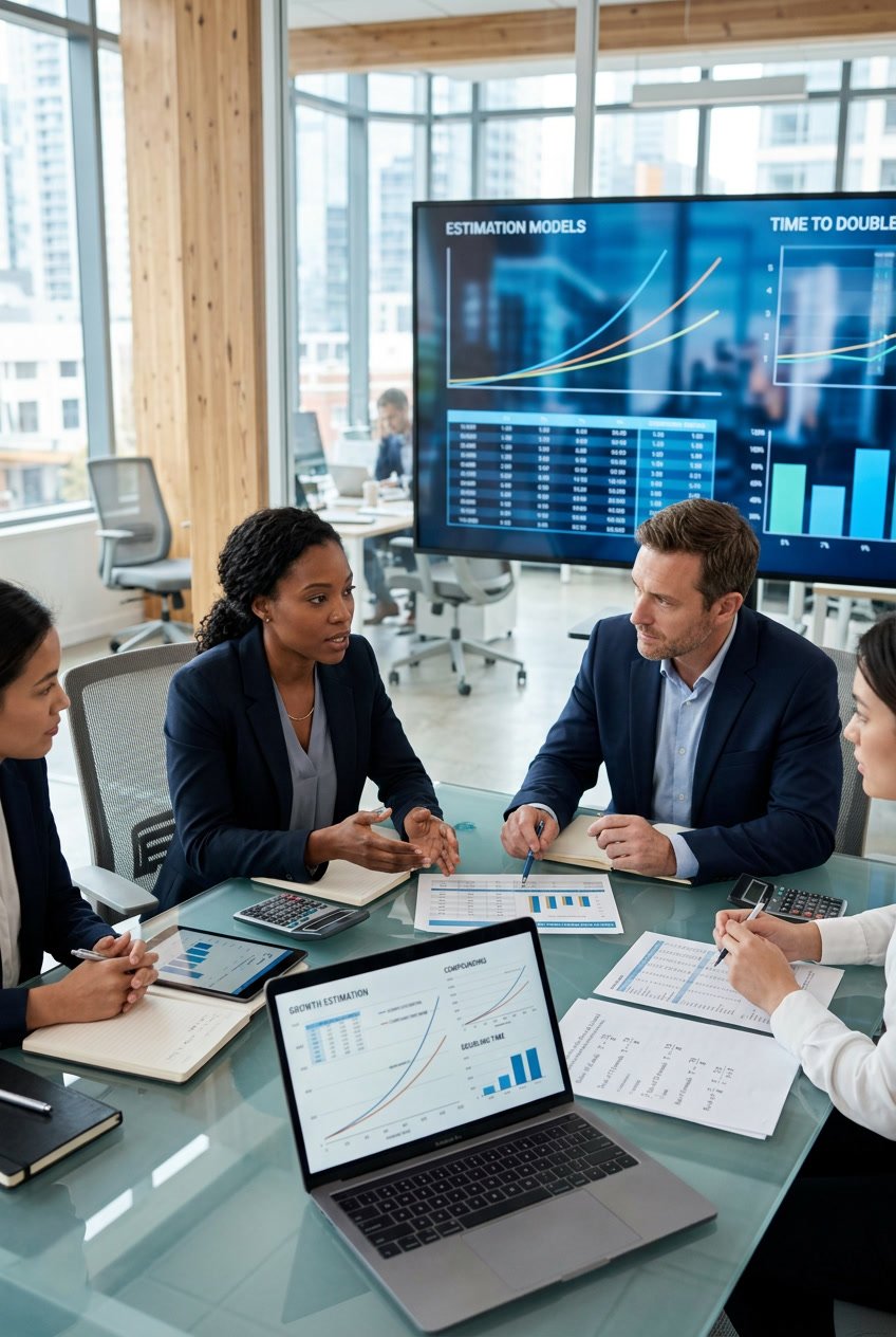 Two professionals discussing financial charts and calculations in a modern office setting.
