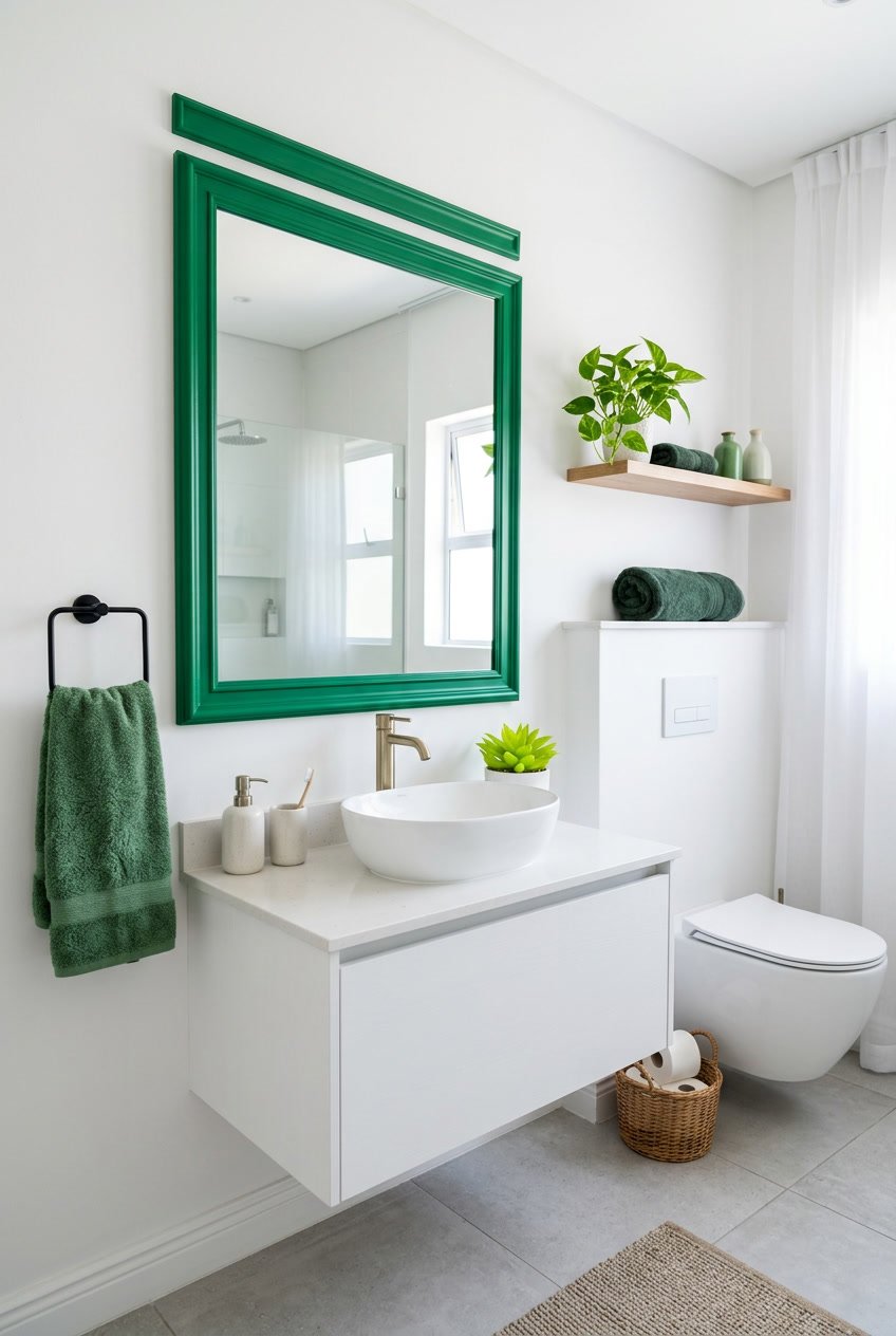 Gäste-WC mit einem Spiegel mit grünem Rahmen und grünen Akzenten im Raum.