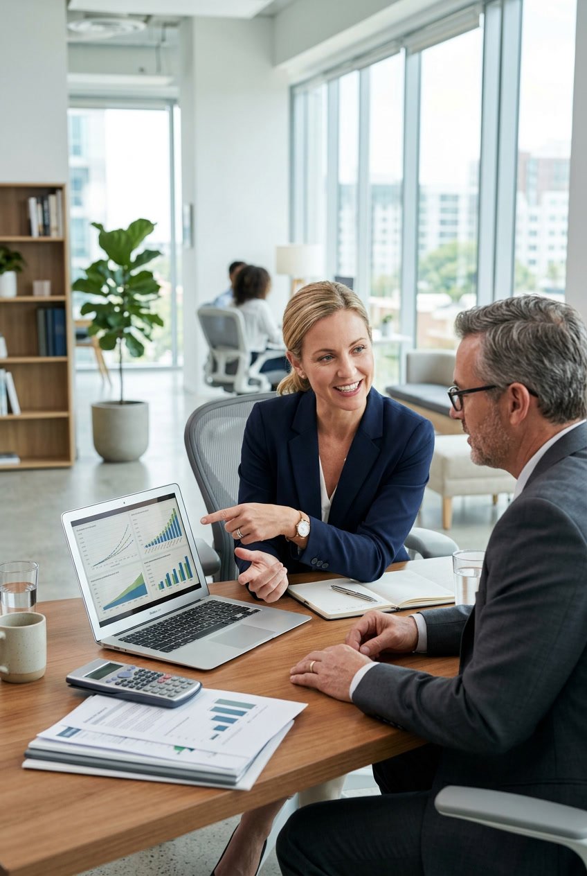 A financial advisor and client discussing investment growth at a desk with calculators, documents, and a laptop in a bright office.