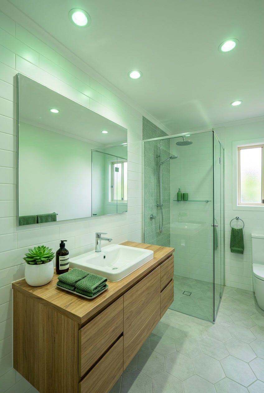 Ein modernes Gäste-WC mit mehreren Decken-LED-Spots, die grünes Licht ausstrahlen, und grünen Akzenten wie Handtüchern und Pflanzen.