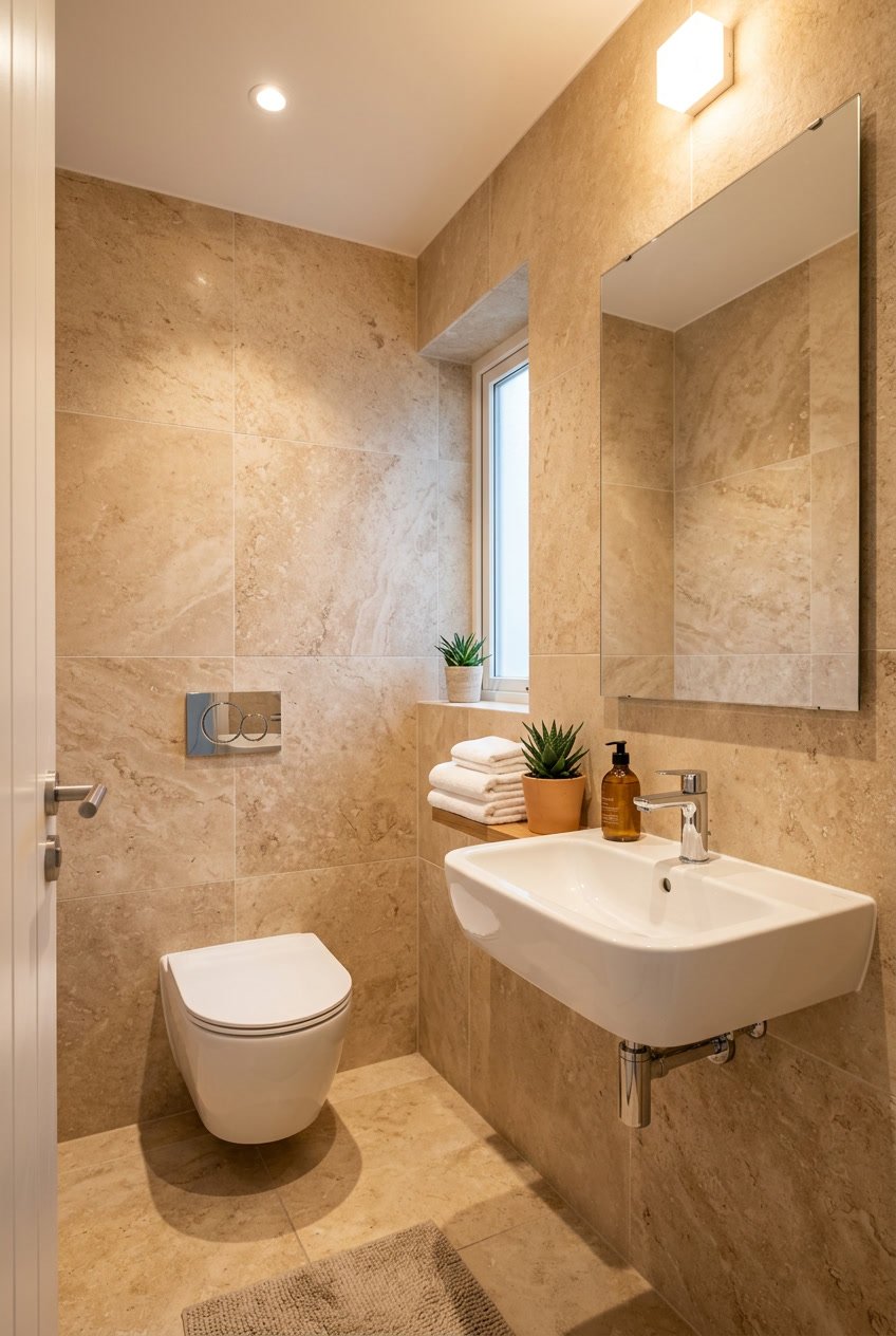 Ein modernes Gäste-WC mit beigen Natursteinfliesen, einem weißen Waschbecken, Toilette und einem kleinen grünen Pflanzenakzent.