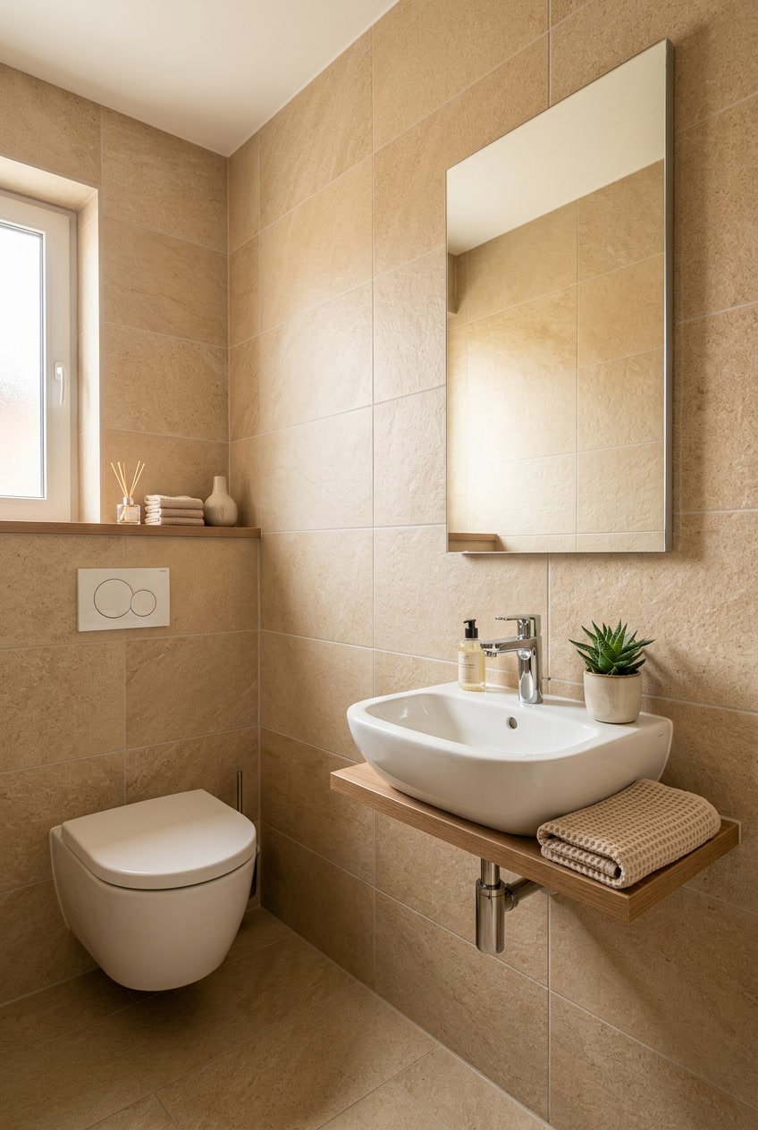 Ein modernes Gäste-WC mit beigen Fliesen an Boden und Wänden, weißer Toilette und Waschbecken, natürlichem Licht und einer kleinen Pflanze auf der Ablage.