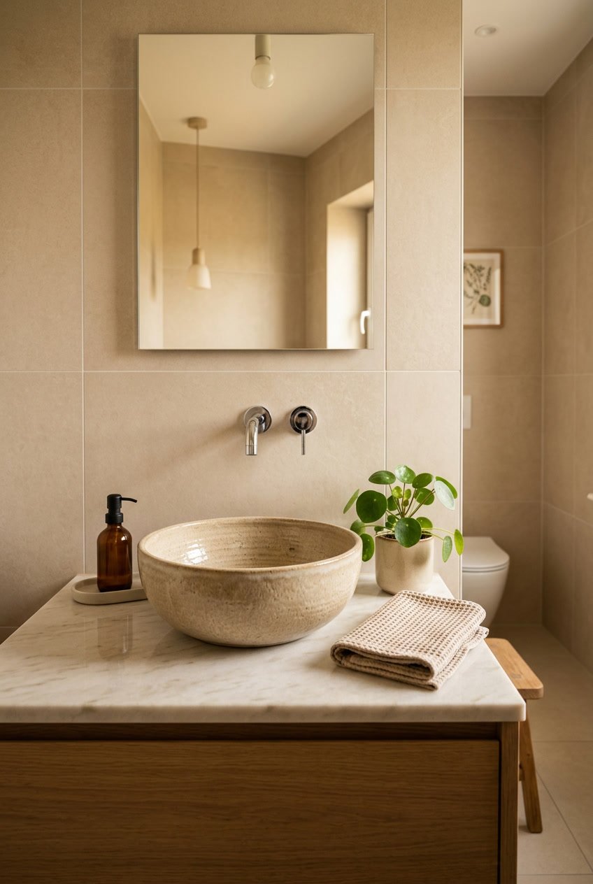 Runde beige Keramikschale auf einer Badezimmerarbeitsplatte mit beigen Fliesen im Gäste-WC.