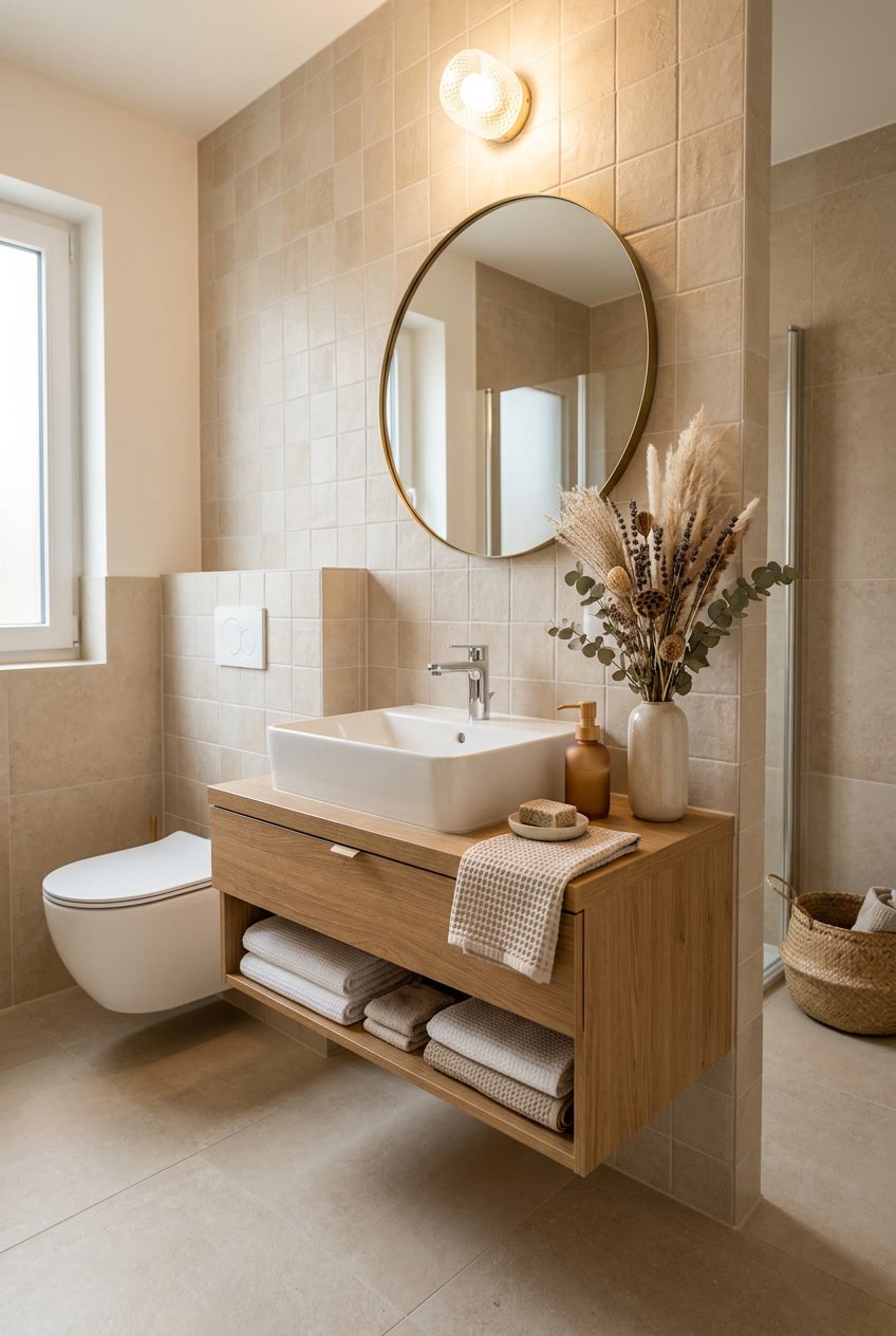 Gäste-WC mit beigen Fliesen und getrockneten Blumen als Dekoration.