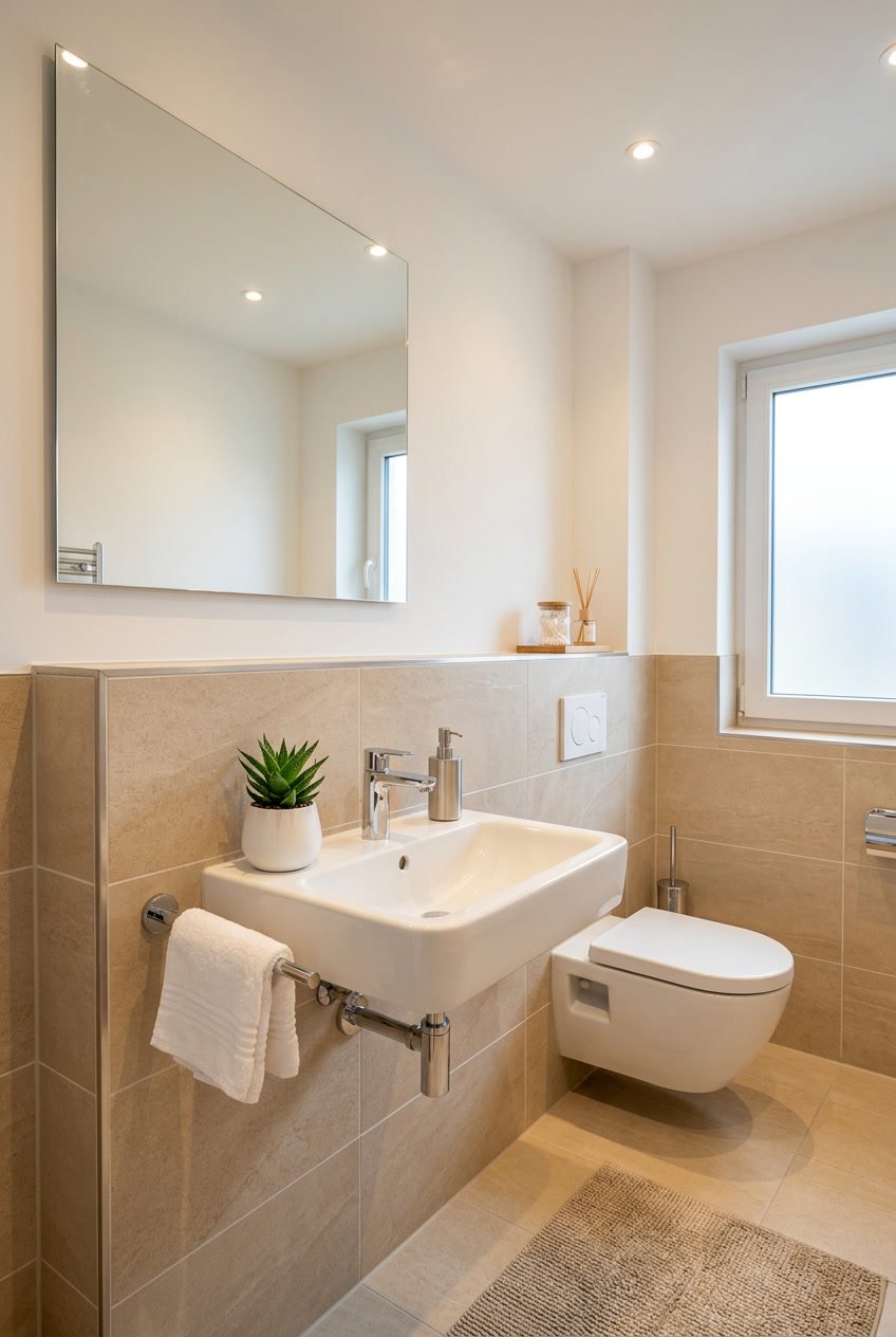 Ein modernes Gäste-WC mit beigen Fliesen, einem weißen Waschbecken, Toilette und einem Spiegel.