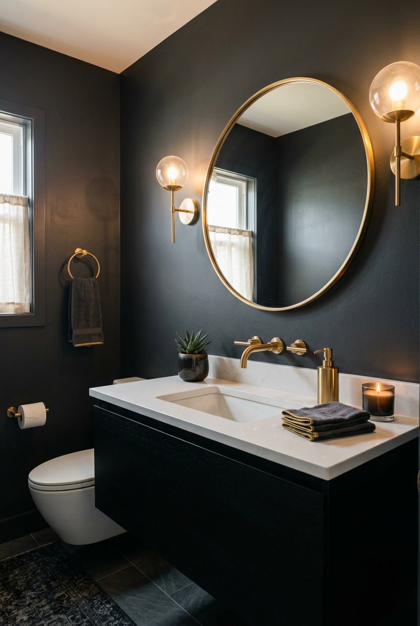 Dunkles Gäste-WC mit goldenen Armaturen und stimmungsvoller Beleuchtung.