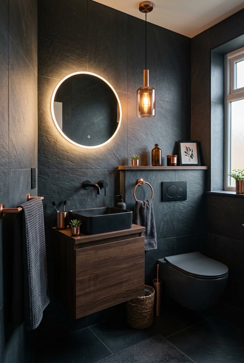 Kleines Gäste-WC mit schwarzen und kupferfarbenen Accessoires und stimmungsvoller Beleuchtung.