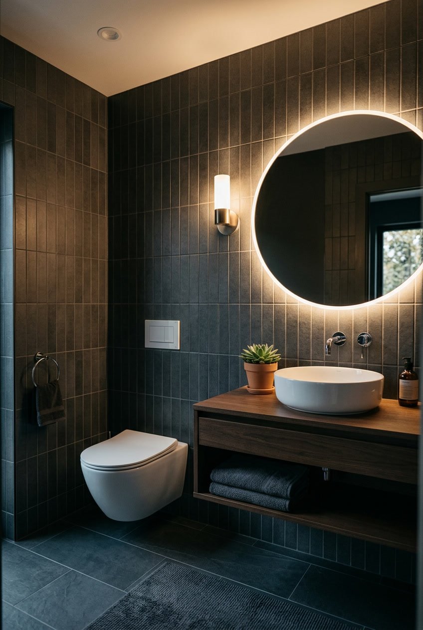 Ein modernes Gäste-WC mit vertikal angebrachten dunkelgrauen Fliesen, einem weißen Waschbecken, einem Spiegel und einer kleinen Pflanze.