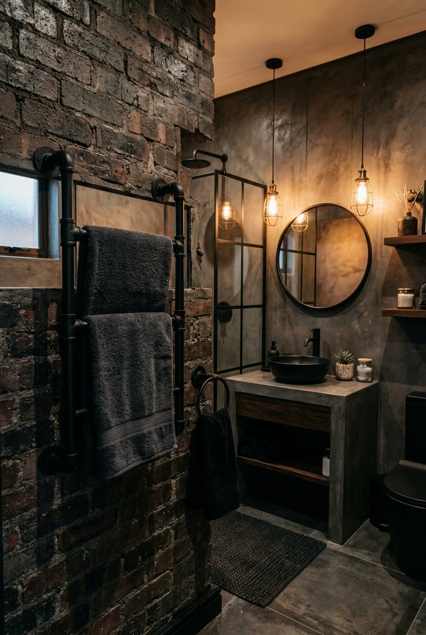 Ein dunkles Gäste-WC mit schwarzen Handtuchhaltern und stimmungsvoller Beleuchtung.